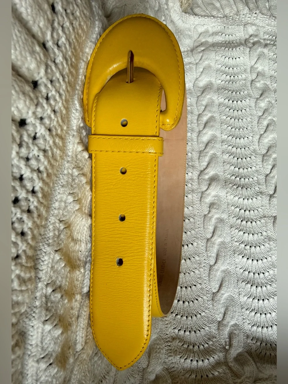 Yellow Leather Waist Belt with Curved Buckle - Women Accessories